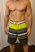 QUICKSILVER Black Yellow Drawstring Striped Swim Trunk Surfboard Shorts Men 38
