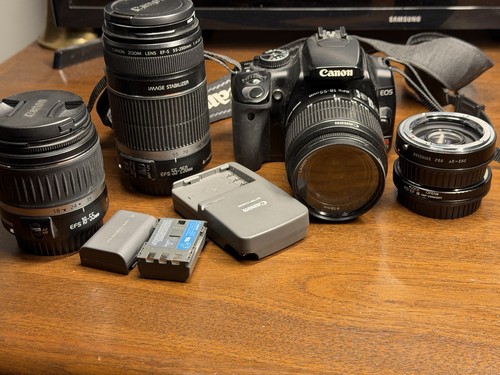 Canon EOS Rebel XTi - 18-55mm - 55-250mm - two lens adapters - batteries