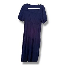 Navy Blue Textured Square Neck Puff Sleeve Tiered Midi Dress