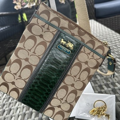 Coach Sutton Signature Swing Pack  With Green Croc Stripe Leather