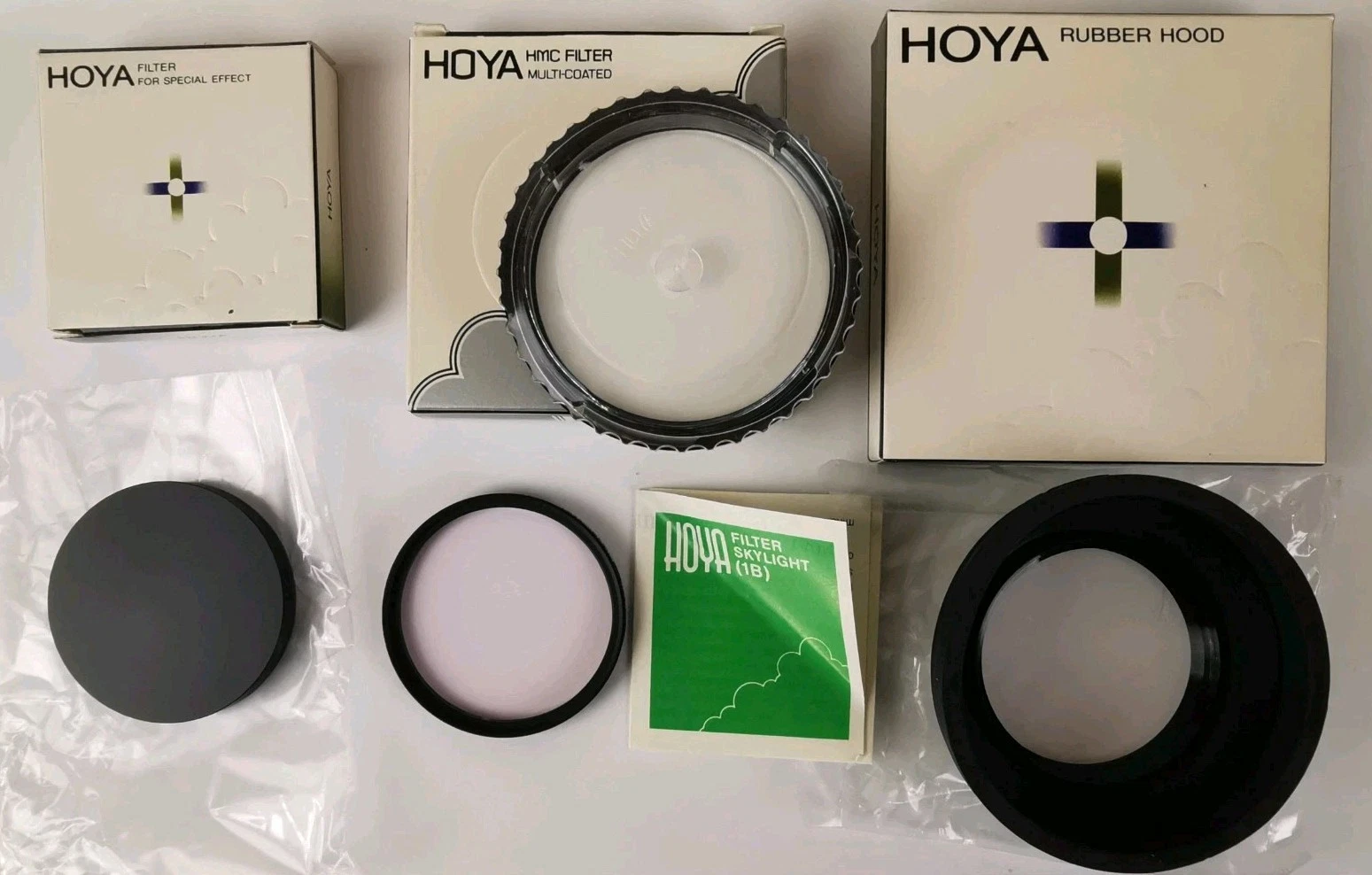 Vintage Hoya 55mm Accessories Bundle, HMC Skylight 1b Filter, Hood + Stack Cap.