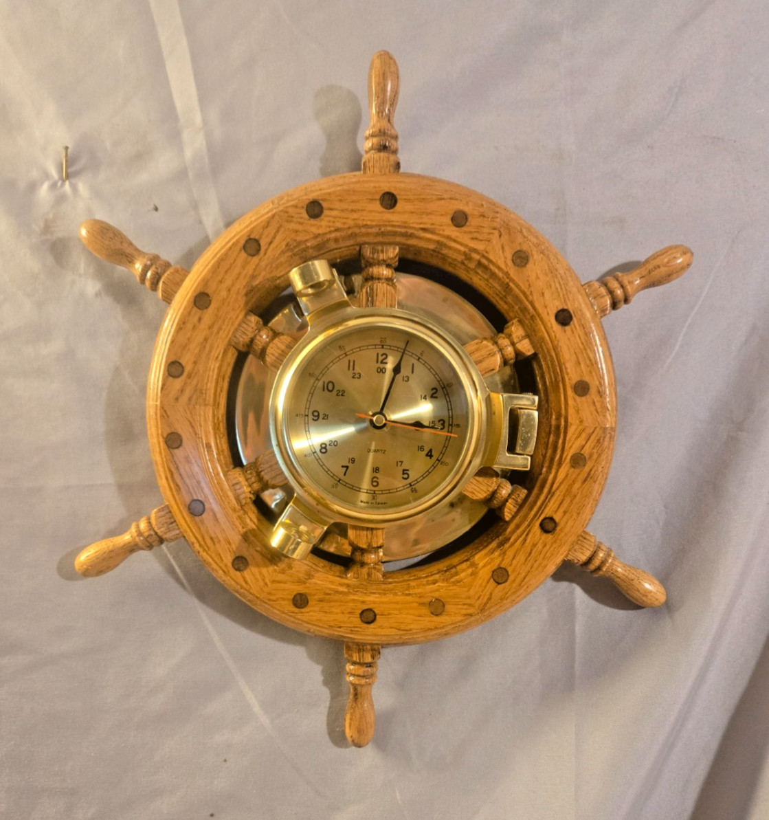 6 Spoke Ships Wheel Wall Quartz Clock Brass & Wood