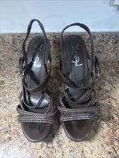 Yves Saint Laurent YSL Brown Leather Strappy Ankle Strap Heels Sandals Size 37.5