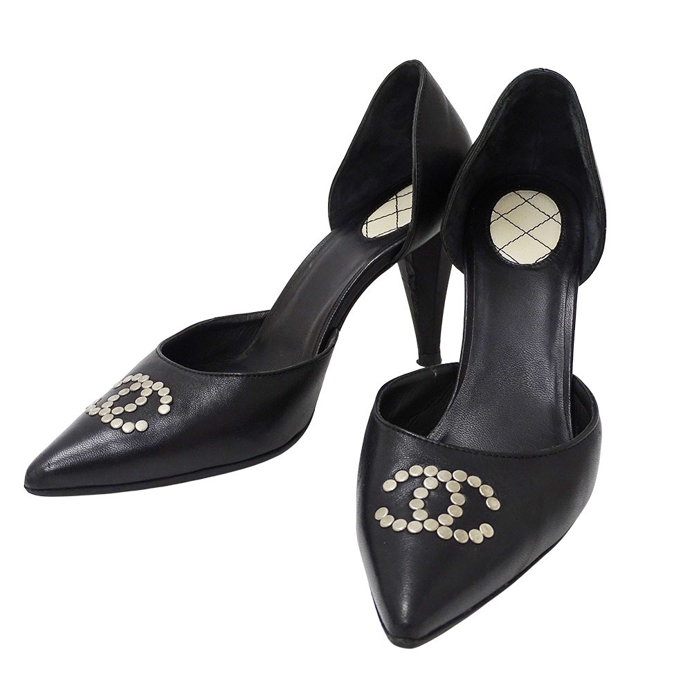 CHANEL Shoes Pumps Heel Cocomark EU 36 US 6 Leather Black Authentic