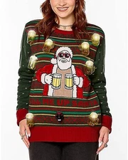 FILL ME UP LIGHT UP SANTA CHRISTMAS HOLIDAY UGLY SWEATER MEDIUM W/BEER DISPENSER