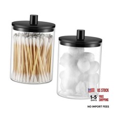 Glass Qtip Holder Dispenser - 10 oz Clear Canister Apothecary 2 Pack Black
