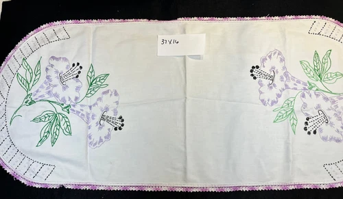 Vintage Linen Purple Flower Embroidered Dresser Scarf/Table Runner 37x16