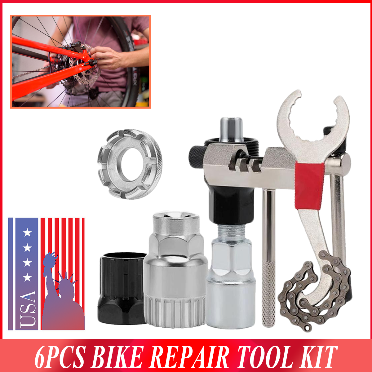 6PCS Bike Repair Tool Kit with Crank Chain Cutter Extractor and Freewheel Puller