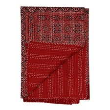 Indian Cotton King Size Hand Block Print Kantha Handmade Quilt Bedspread Blanket