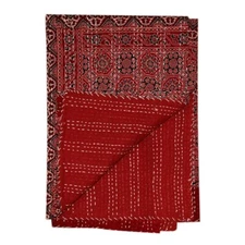 Indian Cotton King Size Hand Block Print Kantha Handmade Quilt Bedspread Blanket