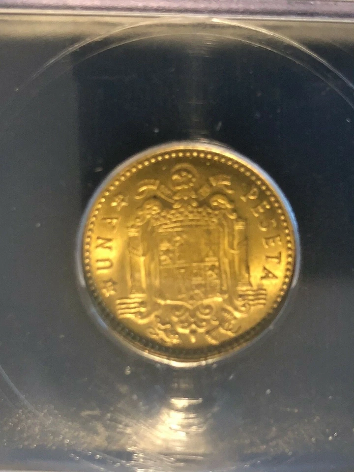 Spain 1 Peseta 1947 (54) MS66 ICG Aluminum-Bronze Coin KM #775 Planchet Flaw - Image 4 of 4