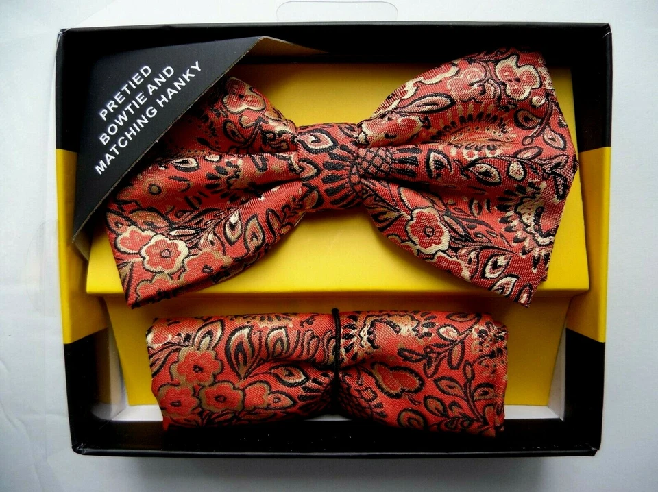 Галстук-бабочка мужской предварительно завязанный набор оранжевый коричневый цветочный галстук-бабочка карман квадратный - Изображение 2 из 4