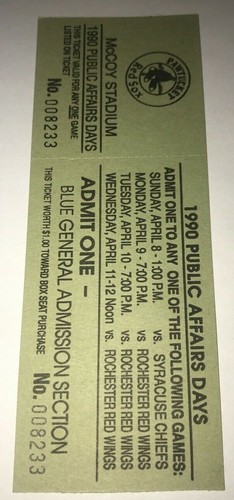 April 1990 Pawtucket Red Sox SEASON Any Day FULL Ticket Stub Mccoy Stadium Wings - Picture 5 of 5