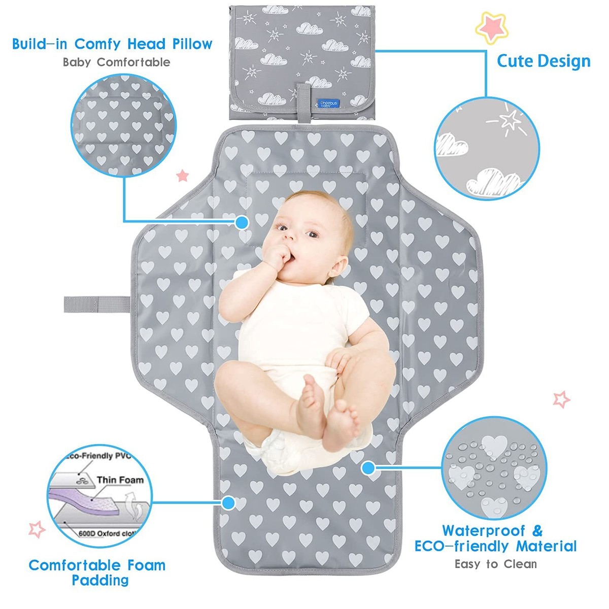 Baby Portable Changing Pad Travel Waterproof Compact Diaper Gray