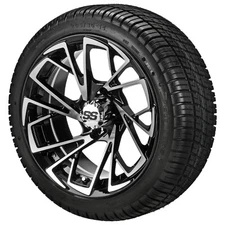 (4) Golf Cart 205/30-14 Deli Low Pro Tires on 14x7 Black/Machined Stinger Wheels