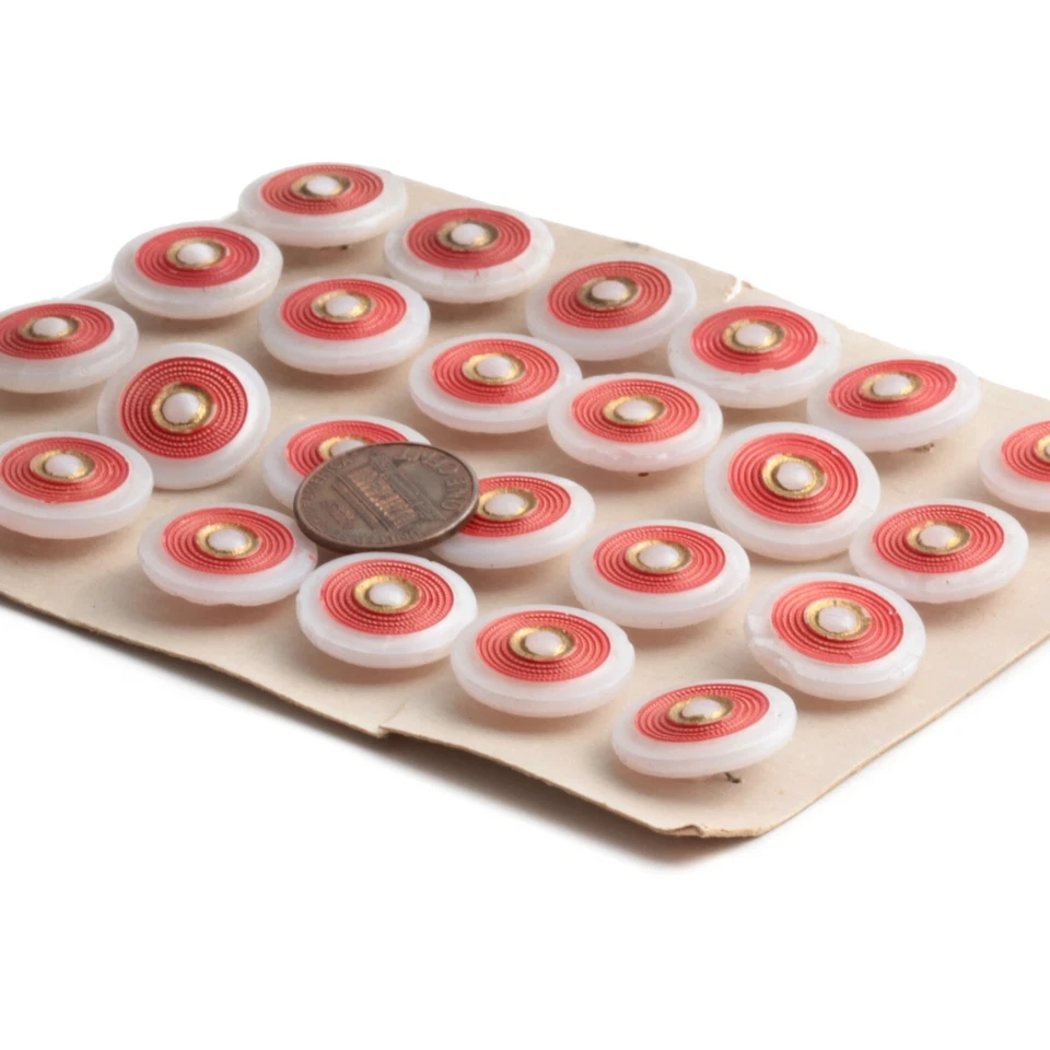 Card (24) vintage Czech hand painted red gold gilt frost glass buttons 18mm - Image 3 of 3