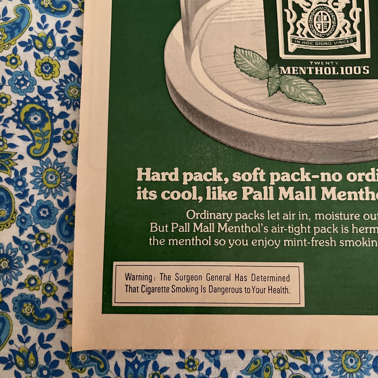 Vintage 1975 Pall Mall Cigarettes Print Menthol 100’s Air Tight Pack Ad Only