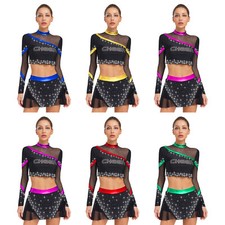 Women Costume Sets Cheer Leader Party Dancing Rhinestone Dancewear Sheer Mesh
