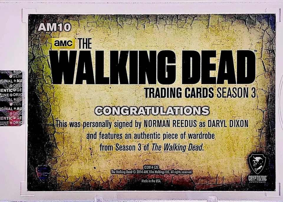 Cryptozoic Walking Dead Season 3 Norman Reedus/Daryl Dixon Auto Relic Card #AM10 - Image 2 of 2