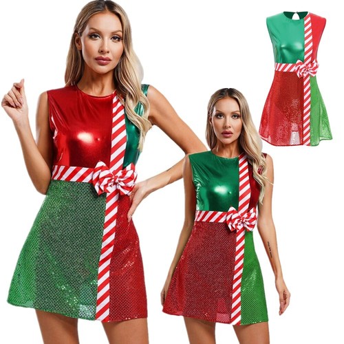 Womens Candy Cane Costume Shiny Sequins Sleeveless Dress with Safe Briefs - Picture 4 of 6