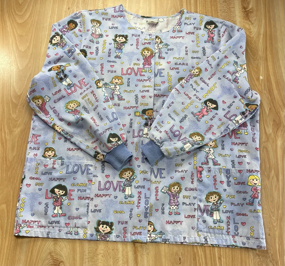 SIMPLY BASIC Women's SCRUBS Top Medical DOCTORS/NURSES Snap/Blue Long Sleeve - Image 2 of 4