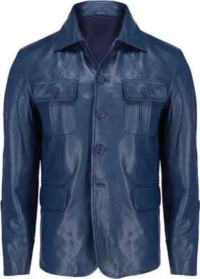 Men's Blue Leather Jacket 100% Real Lambskin Four Button Classic Blazer Outwear
