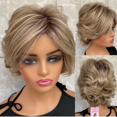 Short Fluffy Wavy Brown Brown Mix Human Hair Blend Heat Ok Wigs Women Soft Daily