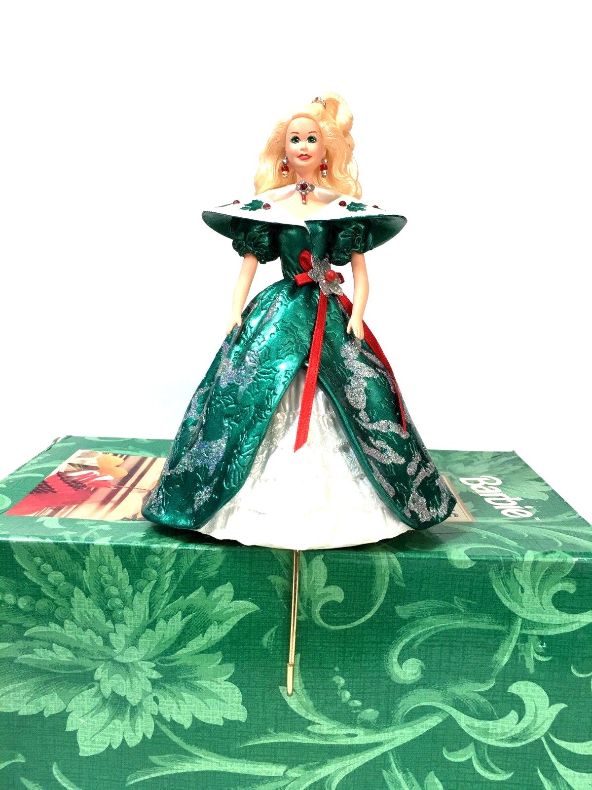 Hallmark Holiday Barbie Stocking Holder Hanger Green Dress Sparkly