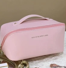 Womens Makeup Bag Large Capacity Cosmetic Toiletries Storage Travel PU Pink Zip