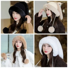 Women Fleece Lined Knit Cap Hat Faux Fur Fluffy Rabbit Ear Thick Warm Winter