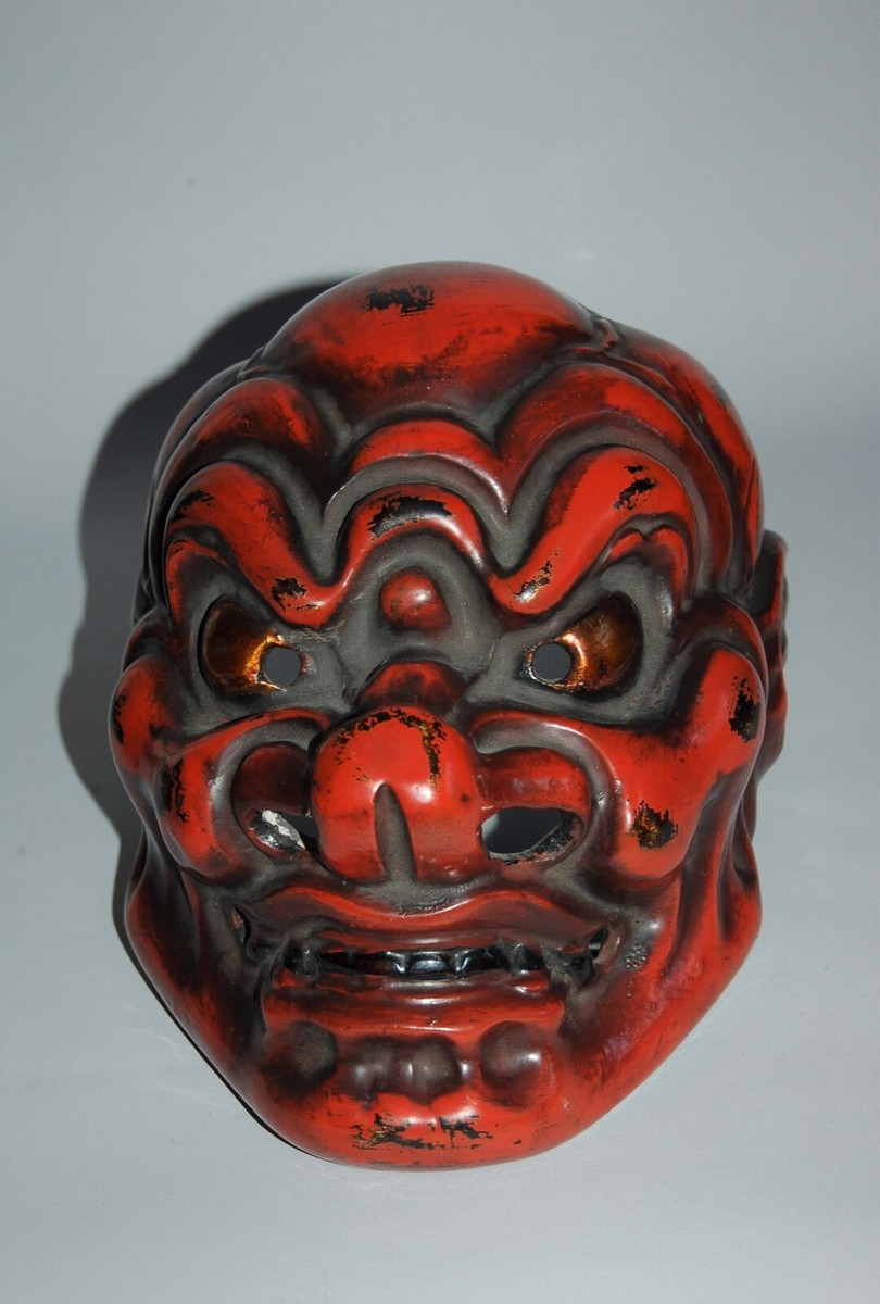 Molded Gigaku theater mask, Chido, red lacquer over plaster