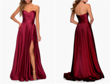LA FEMME Wine Red Strapless Ruched Gathered Hi-Slit Satin Maxi Ball-Gown 6 S