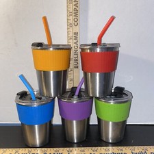 5 Toddler Stainless Steel Drinking Sippy Cups With Straws 1 Green One Missing 