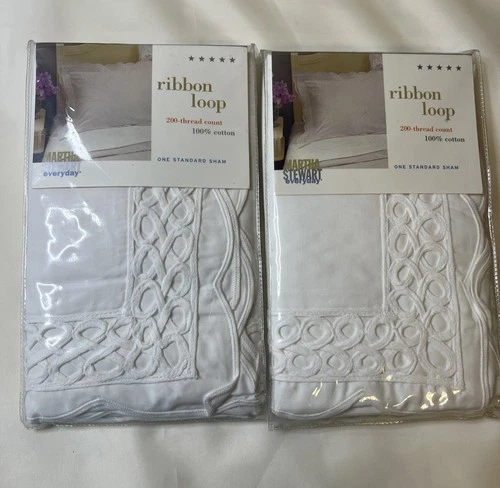 Martha Stewart Ribbon Loop Vintage Standard Pillow Shams White 100% Cotton NEW