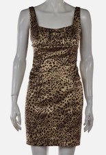David Meister Y2K Dress Size 4 Beige Animal Print  Sheath Silk Sleeveless Casual