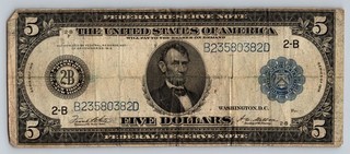 $5 1914 Large Size Blue Seal White Mellon New York NY Five Dollar Bill NICE