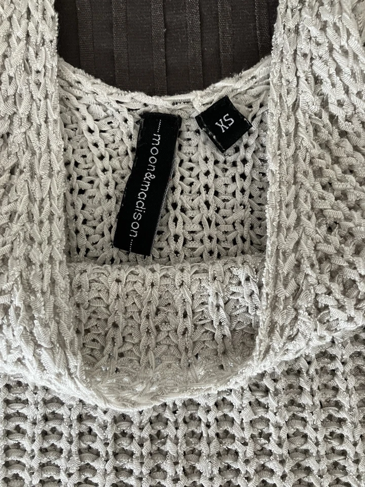 boho Large WEAVE CROCHETED DOUBLE V TAN tank Top Sweater SEXY! size: XS EUC! - Image 3 of 4