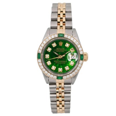 Rolex Datejust 26 Steel 18K Gold Custom Green MOP Diamond Dial Watch 69173