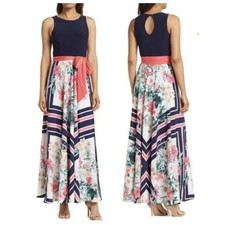 Eliza J Womens Navy Floral Scarf Print Maxi Dress Size 6 Sleeveless Keyhole Back