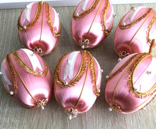 Vintage Lot of 6 Pink Satin Beaded Push Pin Handmade Ornaments w/ Ribbon Detail