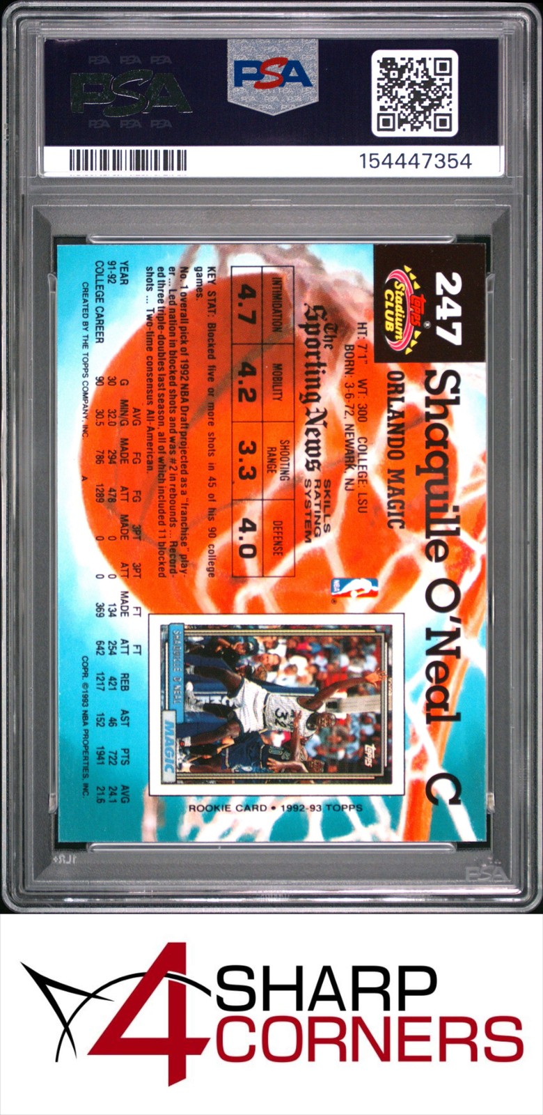 1992 STADIUM CLUB #247 SHAQUILLE O'NEAL RC MAGIC HOF PSA 10 view 2