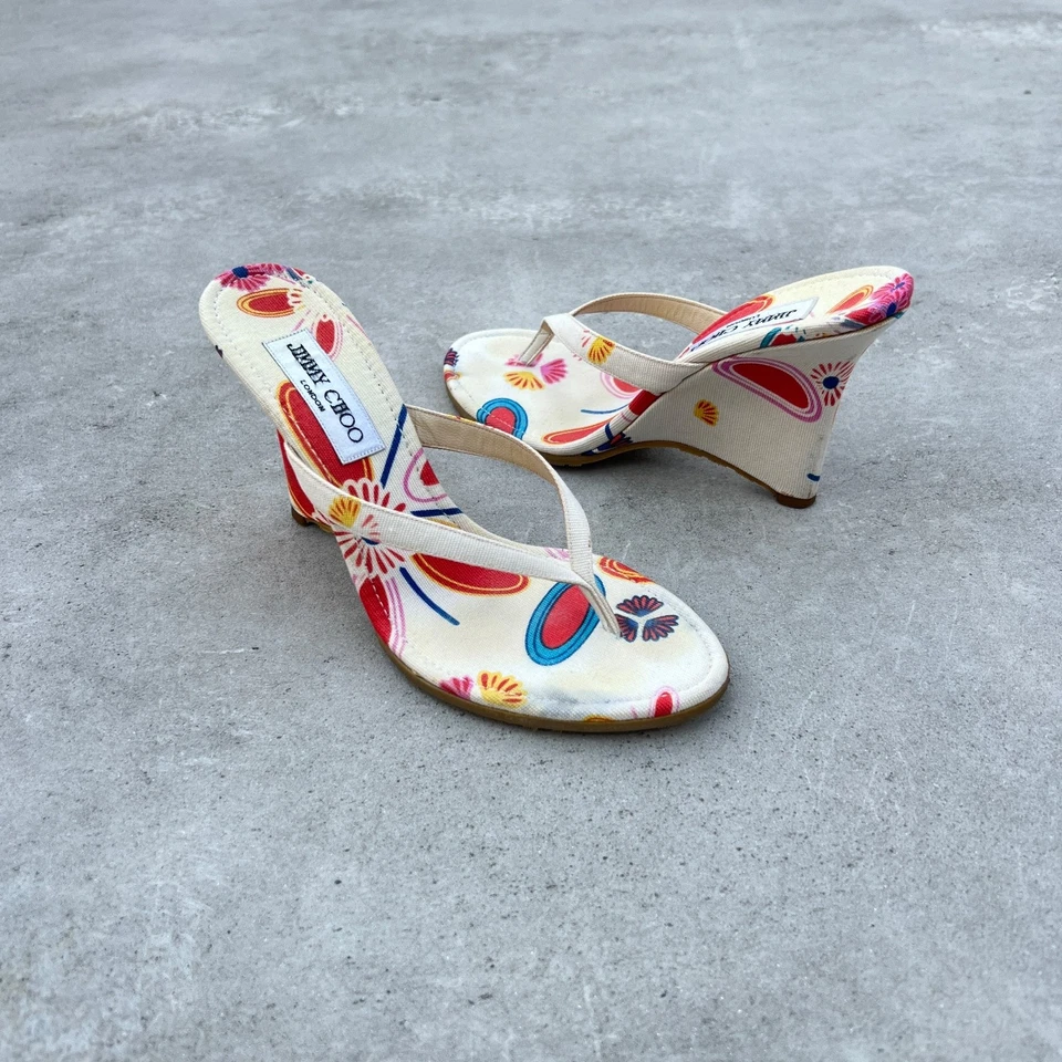 Jimmy Choo | Auténtico Tanga Cuña Blanco Estampado Floral Lona (36.5) Foto 3 de 4