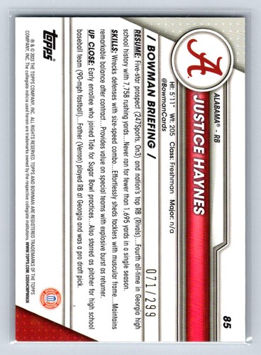 Justice Haynes 2023 Bowman University Chrome Aqua Refractor SN #/299 #85 - Picture 2 of 2