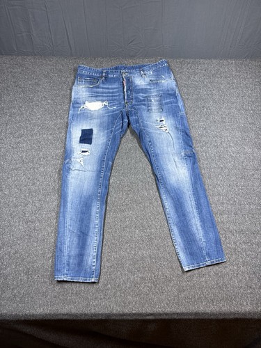DSquared2 Biker Jeans Mens 56 Blue Patch Work Grunge Denim Distressed 38x30 - Picture 2 of 18