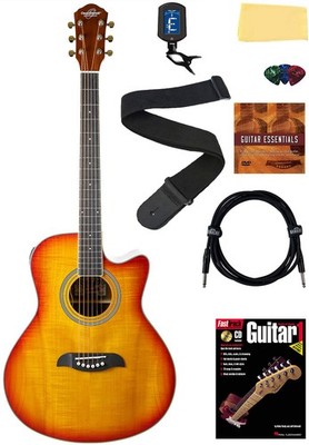 Oscar Schmidt Mini Auditorium Acoustic-Electric Guitar, Spalted Maple w/ Cable