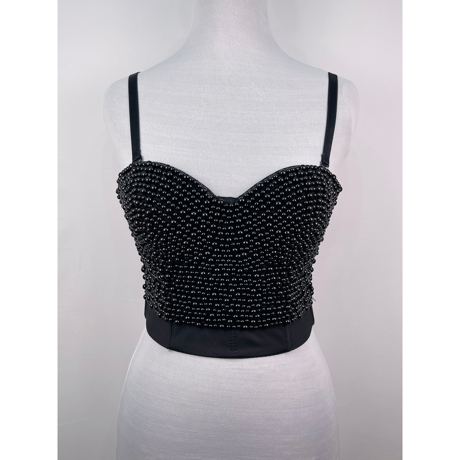 Black Beaded Corset Bustier Crop Top Bralette with Removable Straps | Size S