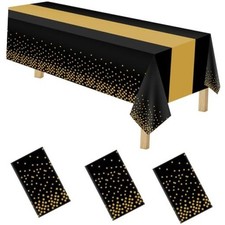 2in1 Disposable Plastic Tablecloths 54" x 108" Black and Gold 3 Pack Black/Gold
