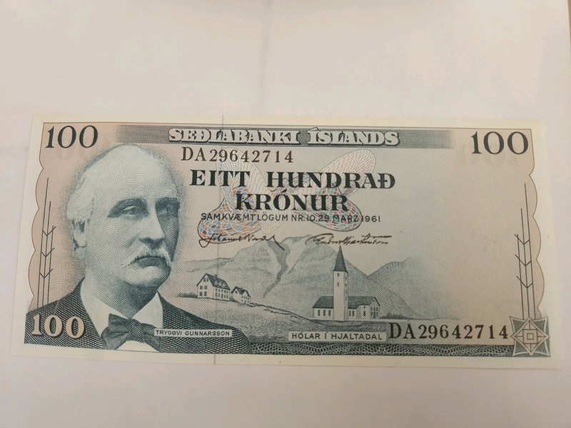 1961 Iceland 100 Kronur Banknote UNC Tryggvi Gunnarsson Hekla Volcano P-43