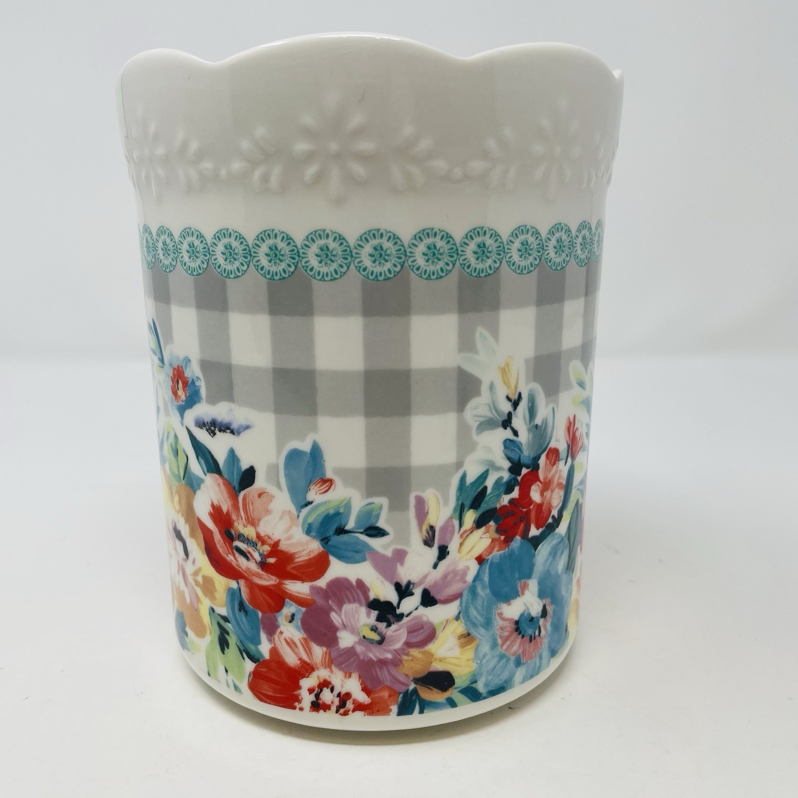 The Pioneer Woman Sweet Romance Ceramic Utensil Holder Crock Gray Floral Plaid