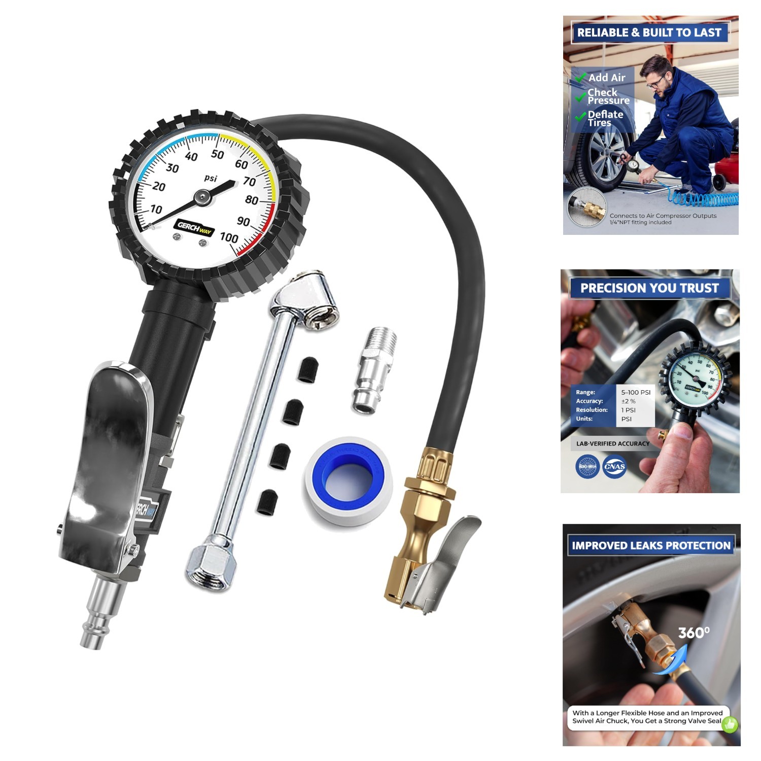 Universal Tire Inflator Attachment with Pressure Gauge and Extended Hose 100PSI